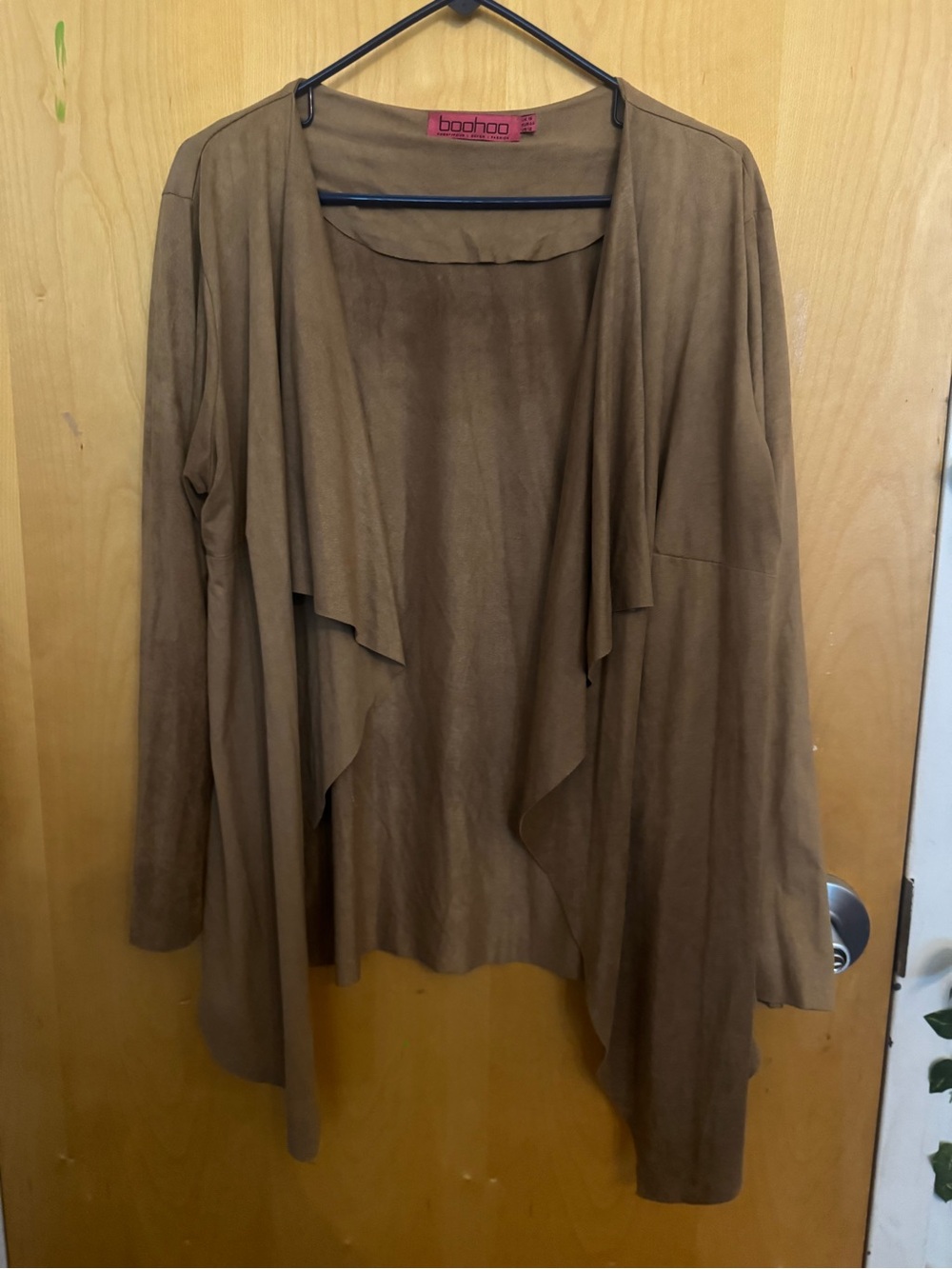 Boohoo Camel Faux Suede Waterfall Duster Jacket Open Front Long Sleeve Size 12